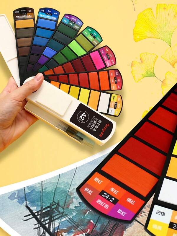 1pc Portable Watercolor Paint Set, 18/24/36/42/60 Colors Available, Solid Watercolor Pigments For Beginners, Foldable Fan-Shaped Solid Watercolor Paint Set, Art Painting Supplies