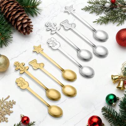 4pcs Stainless Steel Christmas Creative Spoons, Snowman & Star Decorated Dessert Spoons - Elegant & Durable, Suitable For Christmas Party & Outdoor Gathering | Cute Snowman Design | Coffee Stirrer, Christmas Tea Spoon, Party Utensils, Holiday Flatware, Sturdy Dessert Spoon, High-Quality Tableware, Dessert Flatware