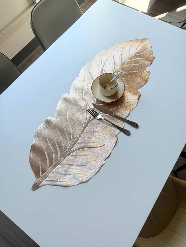 1pc 90cm Length PVC Tablecloth/Table Runner, Leaf Shape, Waterproof, Washable, Home Decor For Living Room, Dining Room, Kitchen, Gold & Silver, Modern Farmhouse Style