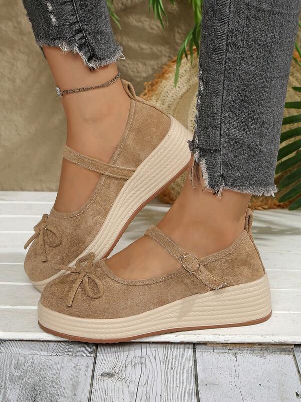 أحذية كاجوال للنساء، أحذية ويدج ذات كعب سميك، أحذية كاجوال منفذة للهواء مع فيونكة