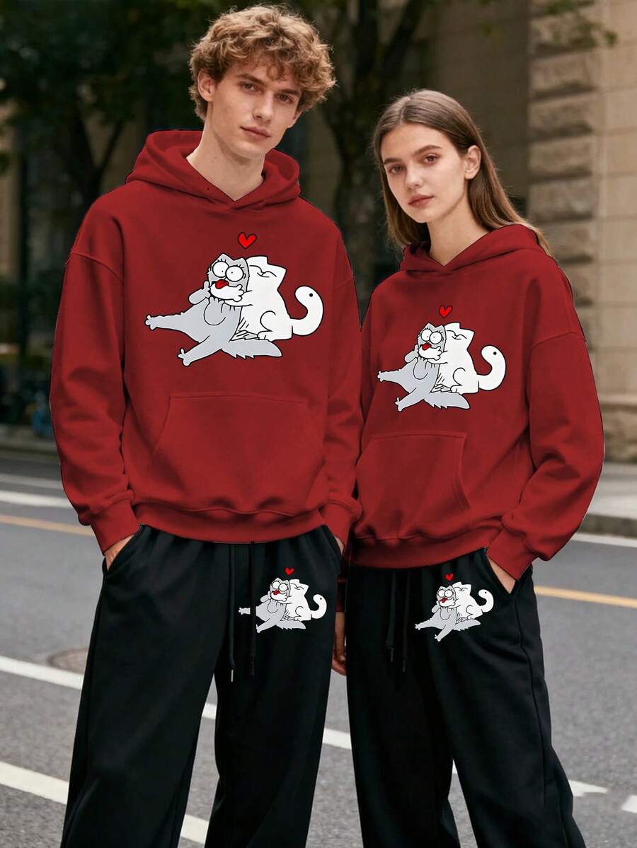 (2PC) Couple's Set Of Fashionable And Casual Printed Hoodies And Sweatpants For Both Men And Women, Autumn And Winter Men's Sportswear, Fashionable And  Sportswear Printed, Suitable For Casual Outdoor Sports And Holiday Gift Giving.Kitten - 男士-紅色 - 查看 1