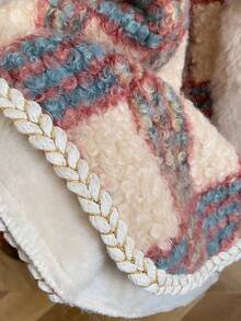 1 pieza Elegante capa de punto con capucha y cuello de piel sintética de estampado de cuadros para mujeres, chaqueta exterior versátil, gruesa y cálida, de punto suelto, suave y esponjosa, adecuada para uso diario en otoño/invierno