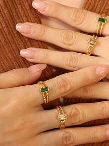 Anillo de acero inoxidable con cadena cubana asimétrica de doble capa, chapado en oro de 18K, con piedra de circonita cúbica cuadrada, para fiestas y uso diario, ajustable