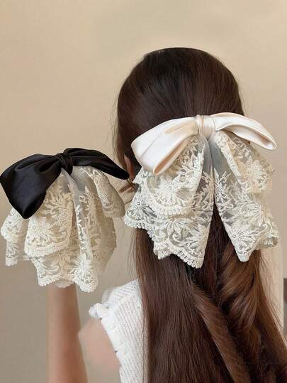 1个优雅韩式蕾丝蝴蝶结马尾夹，高品质发夹，适合日常使用（部分可能残留胶渍，可清洗，不影响使用）女士发饰