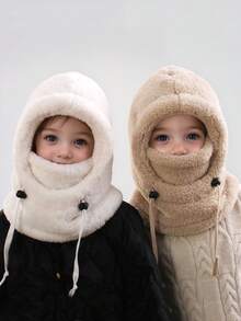 婴儿帽子冬秋季保暖帽围巾-可爱厚毛绒套头帽儿童防风防寒 - 彩色 - 查看 2