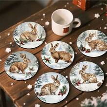 4 Stücke/6 Stücke/300 Stücke Winter Wunderland Hase mit Stechpalmenbeeren Weihnachtsmuster Diatomeenerde Untersetzer, Kaffeeuntersetzer, Mehrzweck-Dekoration für Zuhause und Restaurant, tägliche Geschenke, Tischdekoration, Themenparty-Dekoration - Verschiedenfarbig - Übersicht 1