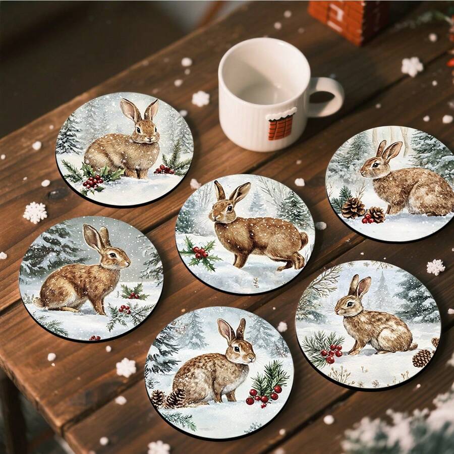 4 Stücke/6 Stücke/300 Stücke Winter Wunderland Hase mit Stechpalmenbeeren Weihnachtsmuster Diatomeenerde Untersetzer, Kaffeeuntersetzer, Mehrzweck-Dekoration für Zuhause und Restaurant, tägliche Geschenke, Tischdekoration, Themenparty-Dekoration - Verschiedenfarbig - Übersicht 1