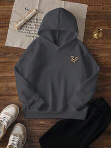 Áo nỉ chui đầu in họa tiết thường ngày, mềm mại và dày dặn, tay dài, áo nỉ có mũ nhiều màu sắc, phù hợp cho mùa thu/đông, học sinh và trẻ em, phong cách độc đáo, trang phục nữ tính, trang phục ngày Valentine. - Màu xám đen - Xem 4