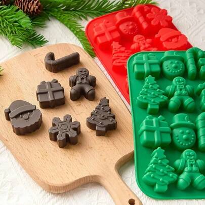 1 pieza Molde de chocolate en forma de árbol de Navidad, molde para hornear galletas de hombre de jengibre, Papá Noel y bastón de caramelo, molde de cubitos de hielo para hornear en casa
