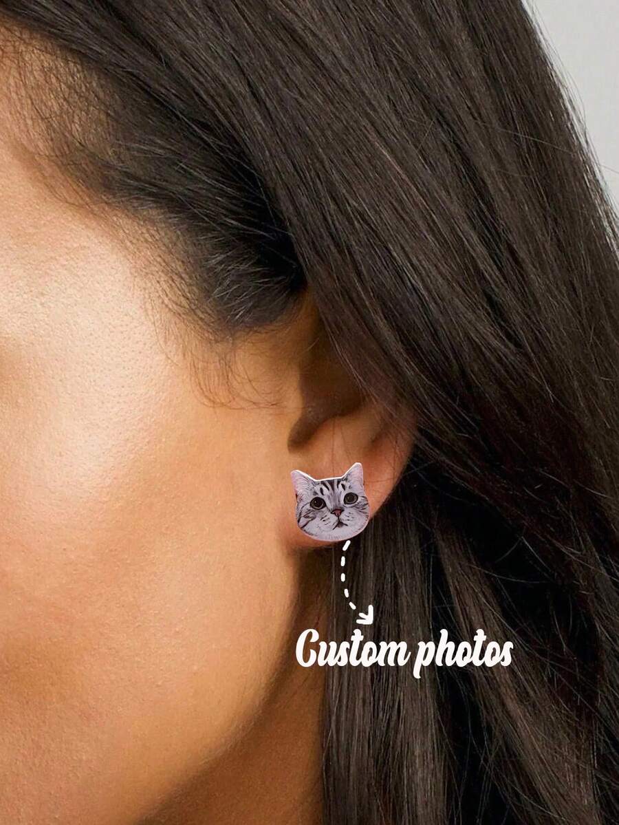 Customized Photo Earrings, Stainless Steel Personalized Engraved Cat/Dog Real Portrait Earrings For Women, Bohemian Style Pet Memorial Jewelry, Birthday Gift For Dog Mom, Pet Lover, Anniversary Gift, Unique Fashion Jewelry For Girlfriend, Suitable For Daily Wear, Party, Anniversary, Valentine's Day, Mother's Day, Wedding, Graduation, Christmas - Clear - View 1