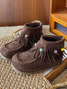 1 Pair Autumn/Winter New Retro Suede Children Boots, Girls Korean Version Tassel Short Boots With Back Zipper, Princess Shoes