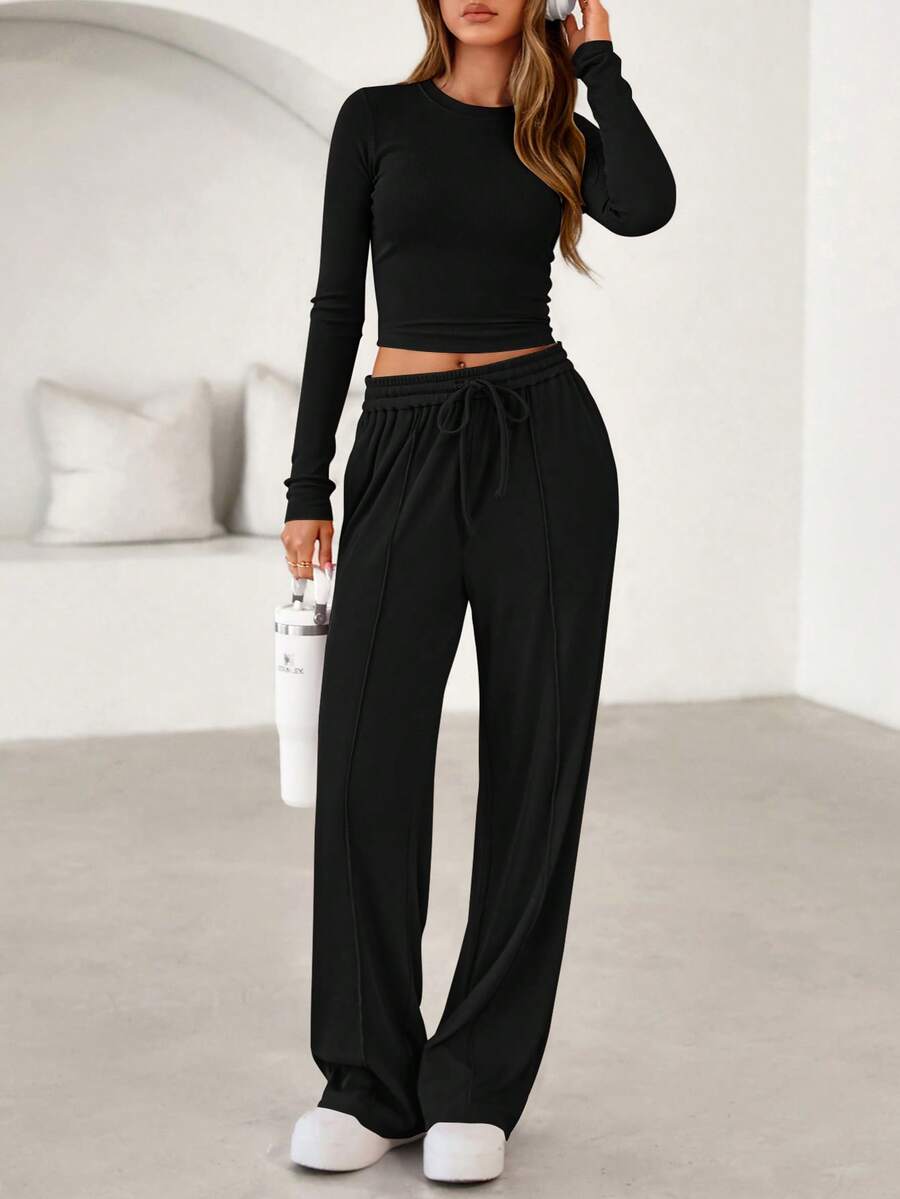 Women Fall Two Piece Outfits Ribbed Knit Long Sleeve Crop Top Drawstring Elastic High Waist Wide Leg Pants Matching Lounge Set Spring Autumn Airport Sport Outfits - 黑色 - 查看 1
