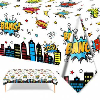 1pc, Multicolor City Superhero Theme Rectangular Party Tablecloth, Table Cover For Superhero Enthusiast Parties, Disposable Plastic Table Skirt For Birthday Parties, Anniversaries, Bachelor Parties, Home Decoration, Party Supply, 70.8x42.5 INCH