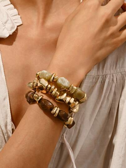 3pcs Vintage Bohemian Bracelet Set, Thick Multi-Layer Brown Acrylic Beaded Bracelets, For Women Men Party Daily Wear, Luxury High-End