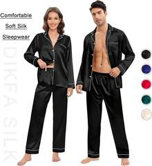 Silk Satin Pajamas Set For Couple Matching PJS Women Men 2 Piece Button Down Loungewear Sleepwear Long Sleeve Pjs Sethalloween - màu đen - Xem 6