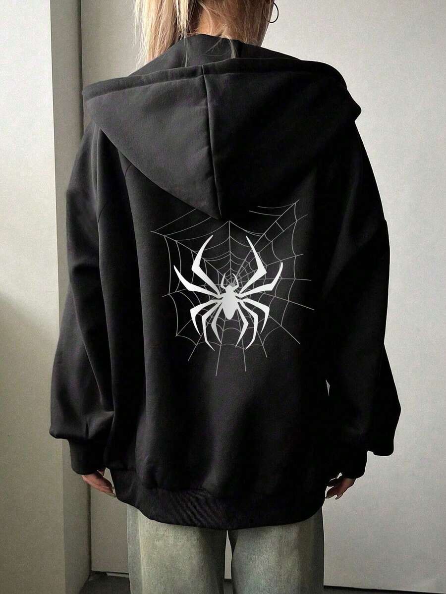 1pc Girls Casual Minimalist Spider Print Fleece Hoodie Sweatshirt, & Cool For Halloween Atmosphere, Spring/Autumn/Winter - Black - View 1