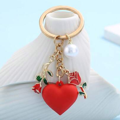 Eleganter Rosen Blumen & Perlen Herz Schlüsselanhänger: Aufrichtiges romantisches Geschenk für Männer und Frauen - Valentinstag, Auto Anhänger, Taschenbaumler, Weihnachtsgeschenk