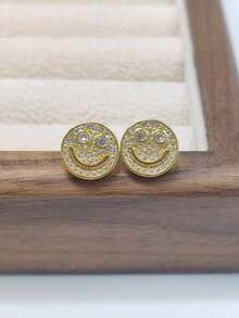 2 Peças Brincos de Botão com Rosto Sorridente Redondo Incrustado de Zircônia Cúbica e Cobre, Jóia de Estilo Elegante e Divertido, Adequada para Combinação Diária para Adicionar um Toque Vivo e Refinado.