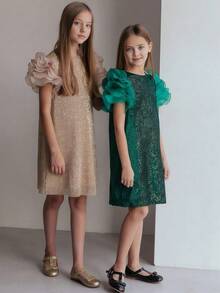 Tween Girl Gold Sequin Petal Sleeve Christmas Party Girl Elegant Dress, Princess Dress Suitable For Girl's Birthday Party, Banquet, Evening Gala, Wedding Flower Girl & Bridesmaid Dress, Thanksgiving Day Graduation Dress