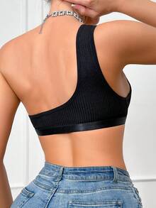 1pc Ribbed Racerback Front Closure Wireless Bra For Women - Black - View 2