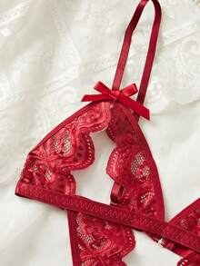 Đồ lót nữ màu đỏ, trang trí nơ, hở ngực, viền lượn sóng, trang trí trái tim kim loại, áo liền quần kiểu Teddy, áo liền quần ôm sát gợi cảm, áo liền quần đồ lót gợi cảm - Màu Đỏ Sâu - Xem 4