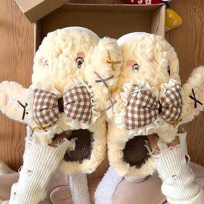 1 Pair Cute Bow Rabbit Thermal Slippers For Women, Warm Plush Slip-On Indoor Slippers With Anti-Slip Sole, Suitable For Winter Insulation, Galentines, Puppy, Carnival, Party Decorations, Shoe, Spring Summer Picks, Brides Maid Gifts, Room, Bedroom Decor, Bedroom Decor, Beach, Travel, For Men, For Women, Vacation,Cute Stuff