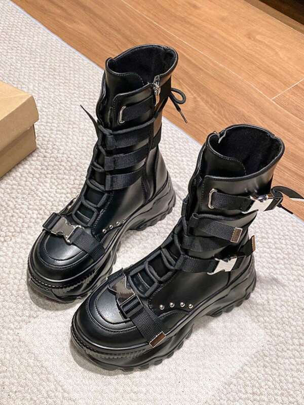 Sapatos femininos de cor sólida, casuais, esportivos, para uso diário, com fivela, zíper lateral de pérola, cadarço, para áreas internas e externas, férias, escola, escritório, primavera, outono, inverno, à prova d'água, plataforma, sola grossa de 8 cm, antiderrapante, quente, com plataforma