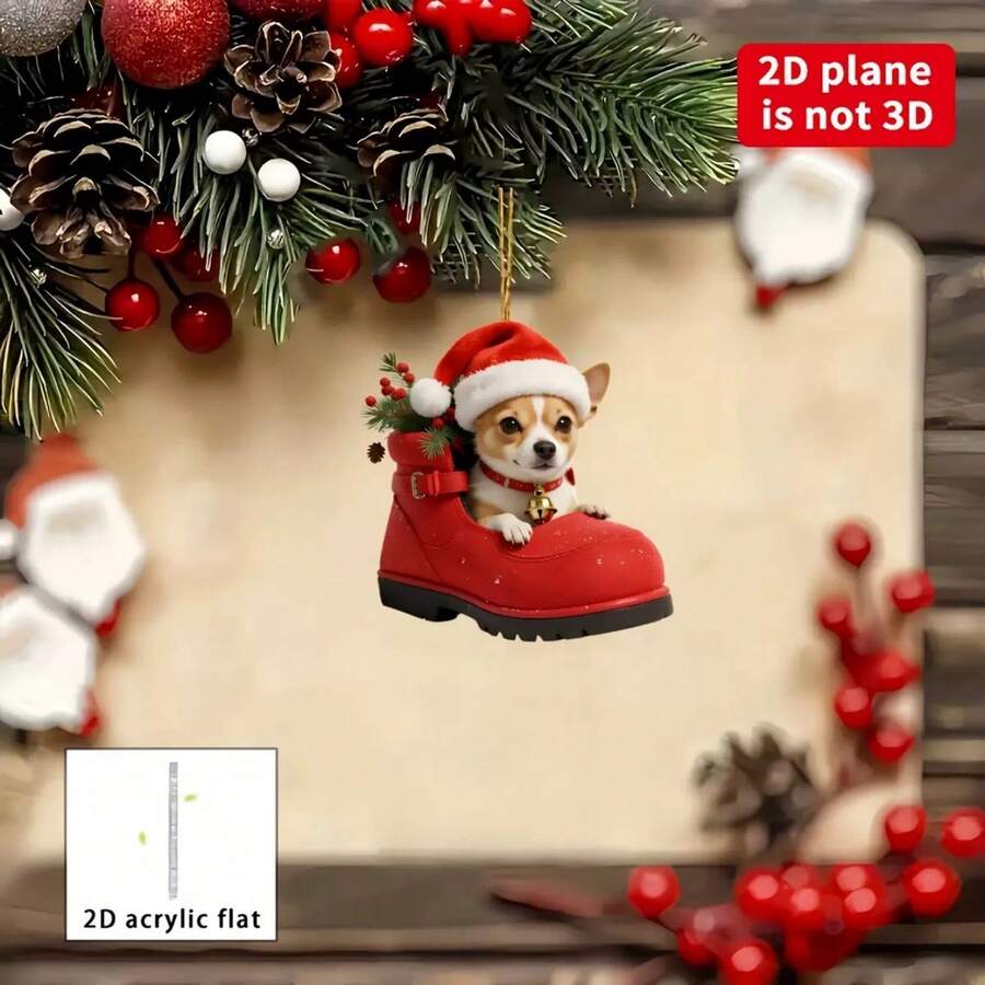 Ornement d'arbre de Noël en acrylique charmant - Botte rouge avec design de chiot, parfait pour la décoration de vacances, l'accrocher à un sac à dos et les accessoires de voiture. Décorations de Noël à la maison, cadeaux de Noël, décorations de Noël - Multicolore - Voir 1