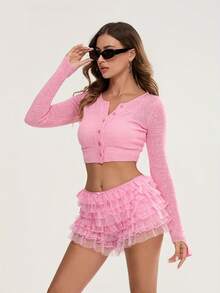 Women Lace Bloomers Shorts Casual Summer Layered Ruffles Elastic Short Pants For Vacation Beach Club Streetwear - Hồng - Xem 4
