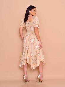 Helena Midi Dress With Printed Crepe Lastex Stitch And Short Sleeves - 卡其色 - 查看 2