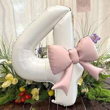 2个大号白色数字气球0-9，配粉色蝴蝶结铝箔气球套装，适用于生日派对、聚会装饰、周年纪念、节日庆典、户外派对、氛围营造、照片装饰气球供应。周年纪念、户外派对装饰、装饰气球、时尚派对装饰、可重复使用装饰、优质铝箔、庆典气球、照片背景、派对组织者、活动策划者