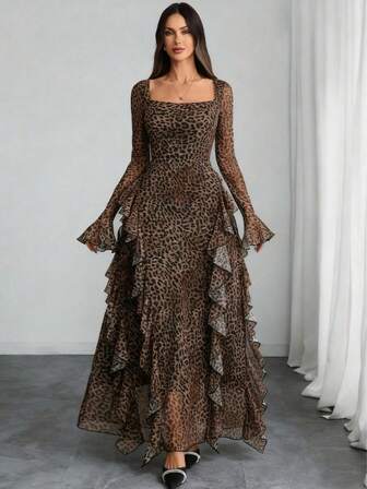 大码女式豹纹方领长袖荷叶边下摆优雅连衣裙