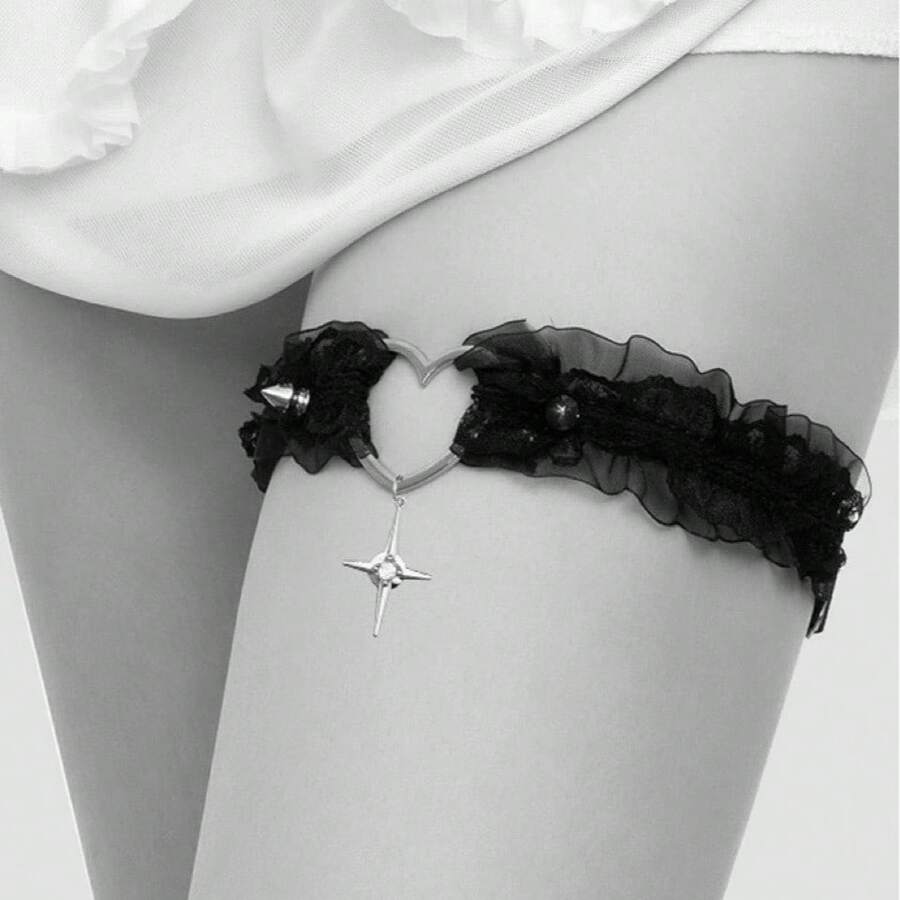 Lolita Punk Lace Trim Rivet Cross Leg Ring Leg Strap Gothic Halloween Women Elastic JK Leg Ring Anklet - 黑色 - 查看 1