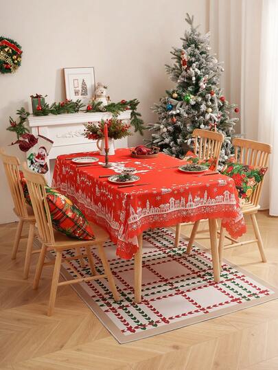 1pc Red Christmas Reindeer Tablecloth With Hemmed Edges, Decorative Dining Table Cover For Holiday Decor