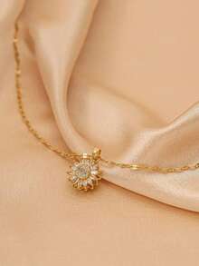 2 Peças Conjunto de Joias Femininas com Zircônia Cúbica Incrustada de Cobre, Girassol Rotativo, 1 Peça Colar + 1 Peça Anel, Tema Floral Requintado e Cintilante, Adicionando Toque Romântico e Luxuoso aos Looks