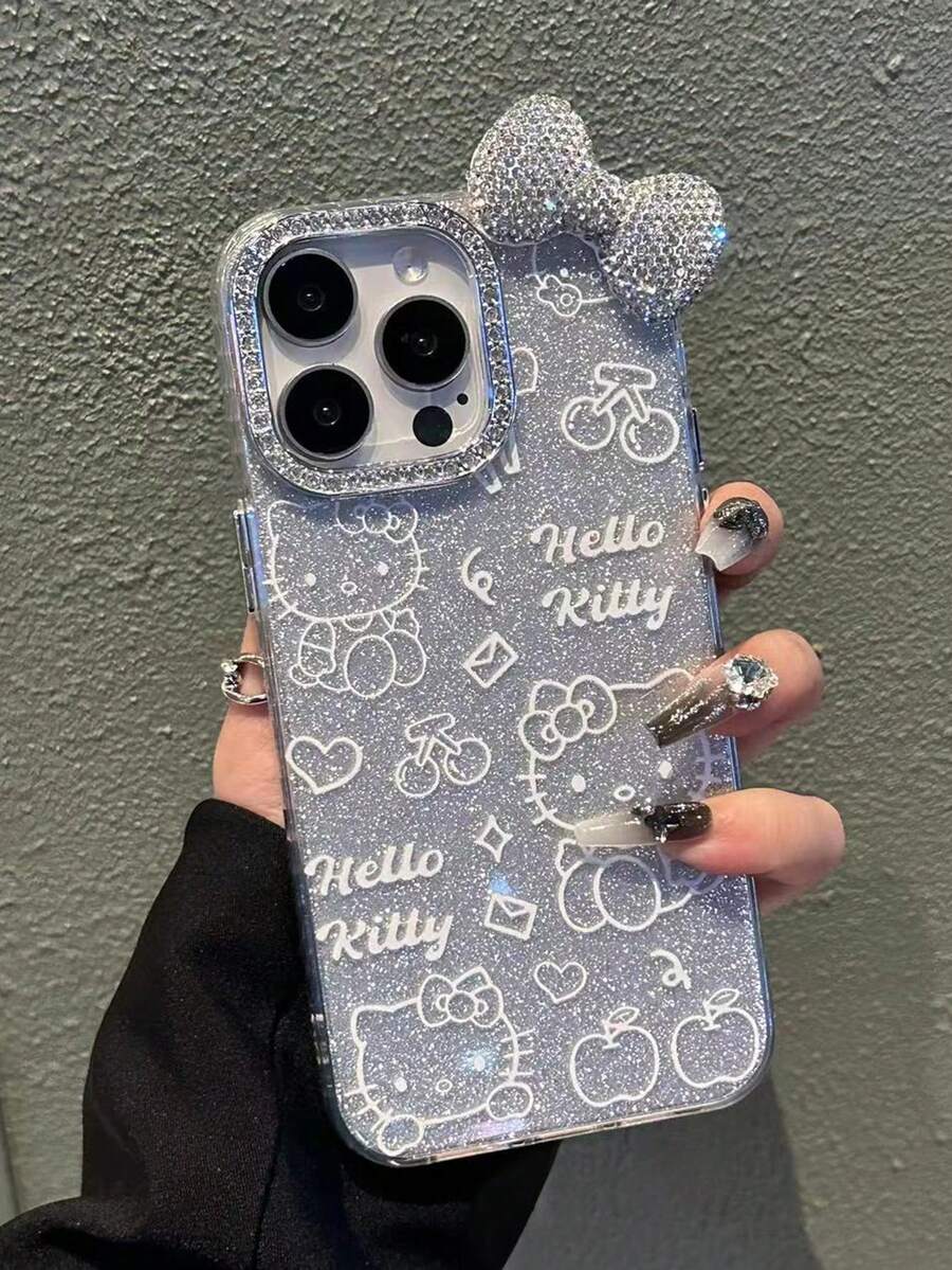 Sanrio 闪亮卡通猫咪手机壳 - 兼容苹果 17 Pro Max/16/15/14/13/12/11，新款蝴蝶结设计