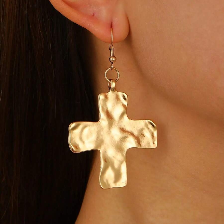 [Vintage Cross Earrings] Vintage Geometric Cross Pendant Earrings For Women - 1 Pair Golden-Tone Alloy Statement Jewelry |       Lightweight Everyday & Formal Wear, Minimalist Retro Design, Versatile Fashion, Hammered Texture - Vàng - Xem 1