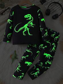 2 件套男童休闲舒适恐龙图案长袖上衣和裤子睡衣套装，春秋季 - 黑色 - 查看 1