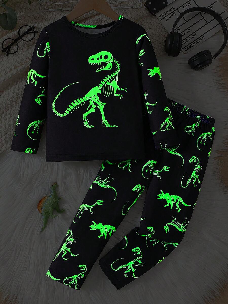 2 件套男童休闲舒适恐龙图案长袖上衣和裤子睡衣套装，春秋季 - 黑色 - 查看 1