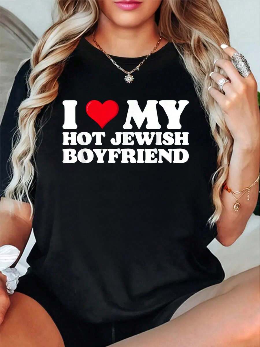 I Love My Hot Boyfriend I Heart My Hot Tee T-Shirt Women's Graphic Tees Printed Cotton T-Shirt Christmas Women Clothing Black Top - Black - View 1