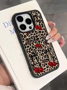1pc Cute Vintage Leopard Cherry Heart Pattern Textured Soft Anti-Drop Anti-Skid Protective Phone Case, Compatible With Apple And Smartphonesfunda Para Phone,Apple16,Cover De Phone,Cell Phone Case,Funda Para Apple 17 Pro - 多色 2 - 查看 2