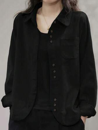 Women Corduroy Button Down Shirts Relaxed Fit Casual Long Sleeve Fashion Cardigan Jacket 2025 Fall Oversized Blouses Tops With Pocket