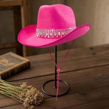 Shiny Rhinestone Cowgirl Hat For Women Solid Color Wide Brim Western Cap With Windproof Rope - Watermelon Red - View 3