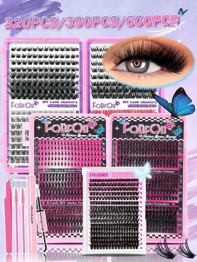 320 piezas/390 piezas/600 piezas Kit de pestañas postizas, pestañas individuales en racimos con rizado en D, set de pestañas postizas esponjosas con pegamento para pestañas, pinzas y brochas, kit de extensión de pestañas DIY multicolor, incluyendo pestañas inferiores, adecuado para principiantes, salidas diarias en casa, Halloween, Navidad, Día de San Valentín, opciones de kit de racimos de pestañas, pestañas postizas