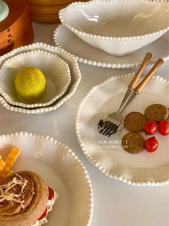 1pc French Romantic INS Pearl Embossed Ceramic Bowl Plate Tableware Set, Luxury White Dinner Plate, Western Salad & Dessert