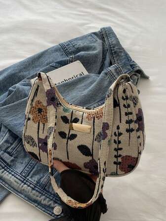 Bolso de hombro con estampado floral de unicolor versátil y de moda, bolso cuadrado pequeño tipo baguette minimalista casual para mujeres