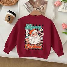 Young Girl Santa Claus Print Thermal Lined Crew Neck Sweatshirt, Casual Winter