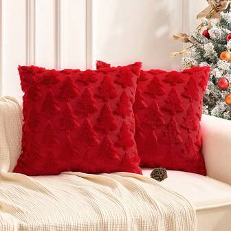 2pcs Christmas Plush Embroidered Pillow Covers, Christmas Tree Series, Christmas Throw Pillow Covers, Square Cushion Covers, 17.7*17.7 Inch (Pillow Insert Not Included), Fabric Home Holiday Decor, Suitable For Bedroom, Sofa, Office Lumbar Pillow