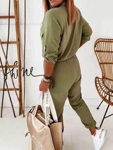UREREM Olive Green Turndown Collar Utility Pockets Cinched Waist Cuffed Casual Jumpsuit, Woven Fabric 170G - Olive Green - View 5