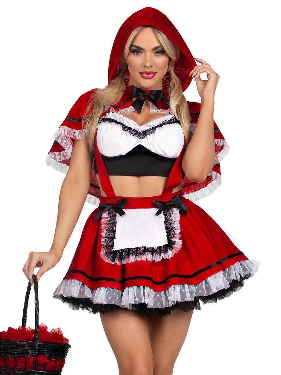 Womens Halloween Costume Bows Lace Ruffled Trim Short Sleeve Tube Tops Suspender Dress And Hooded Cape 3 Pcs Set - Đỏ - Xem 1